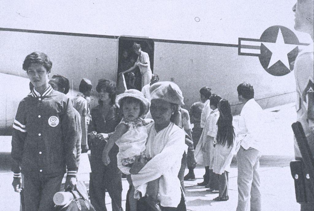 Vietnamese refugees arriving at Camp Pendleton, California.[Source: ARTSTOR](1975)