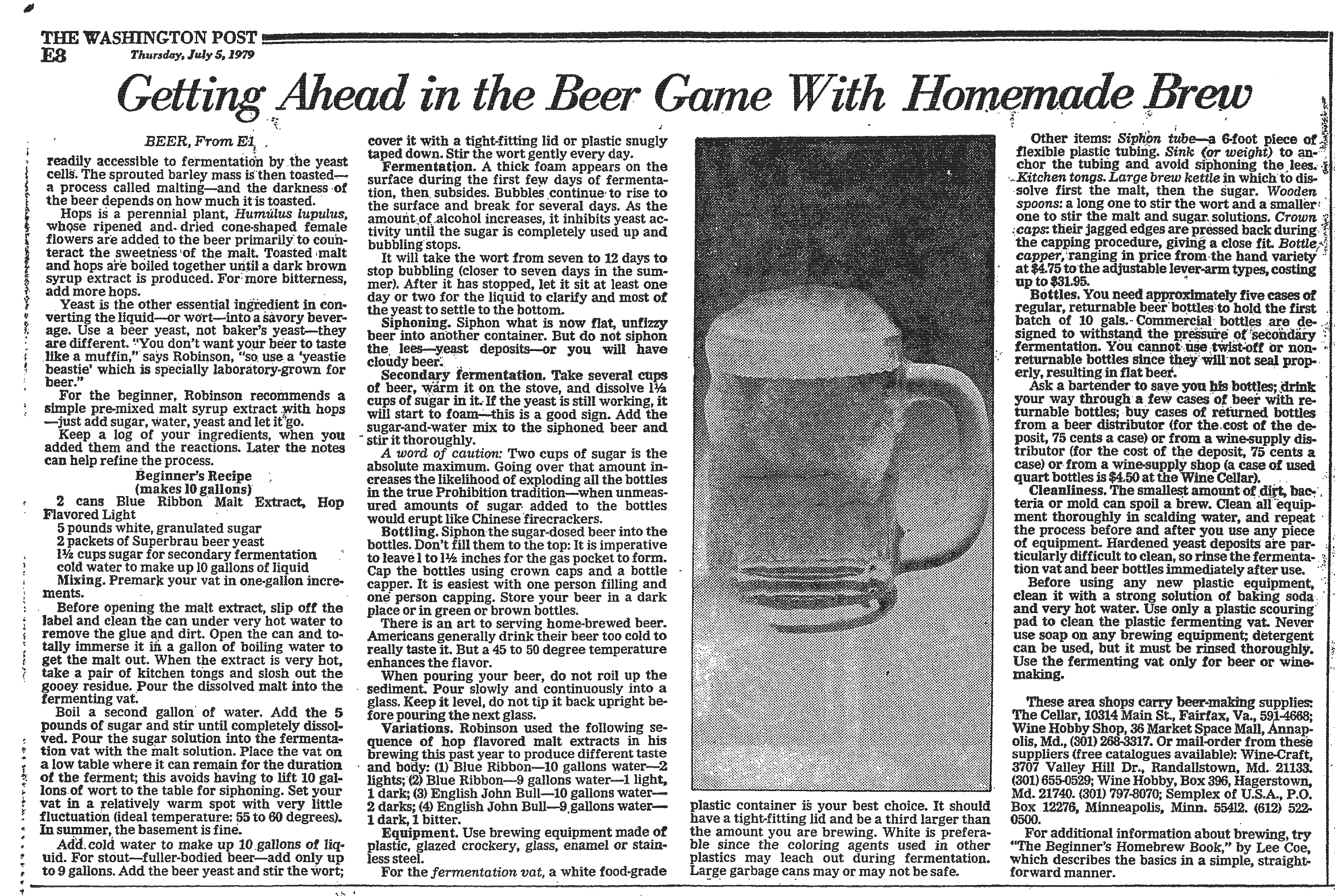 By Ann CorbettSpecial to The,Washington Post. (1979, Jul 05). Hop to it: Brewing beer at home: Cheaper beer the way it used to taste getting ahead in the beer game with homemade brew. The Washington Post (1974-) Retrieved from https://libproxy.unm.edu/login?url=https://www.proquest.com/newspapers/hop-brewing-beer-at-home/docview/147056600/se-2